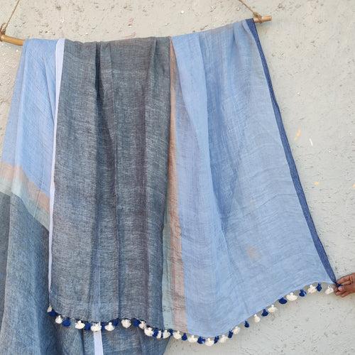 Linen Queen-Light Blue With Grey Linen Saree