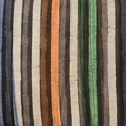 Pure Cotton Dabu Multi Blocks Stripes With White, Grey, Brown, Orange , Blue  And Green Hand Block Print Fabric