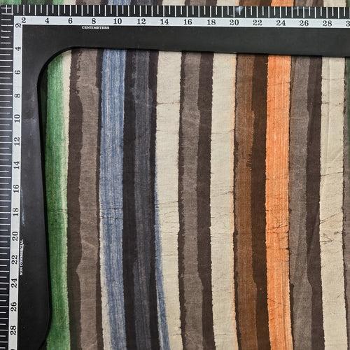 Pure Cotton Dabu Multi Blocks Stripes With White, Grey, Brown, Orange , Blue  And Green Hand Block Print Fabric