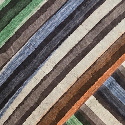 Pure Cotton Dabu Multi Blocks Stripes With White, Grey, Brown, Orange , Blue  And Green Hand Block Print Fabric