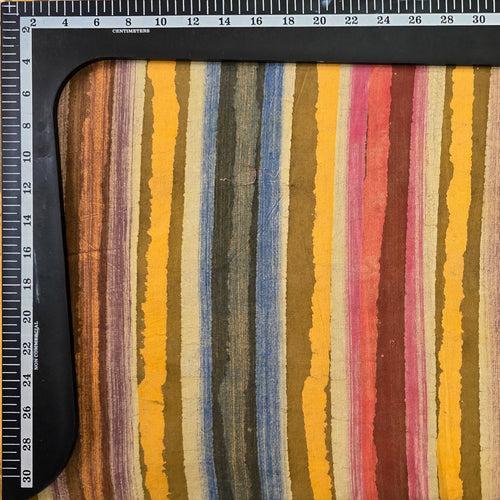 Pure Cotton Dabu Multi Blocks Stripes With Pink, Orange ,Mustard , Brown, Blue ,And Cream Stripes Hand Block Print Fabric