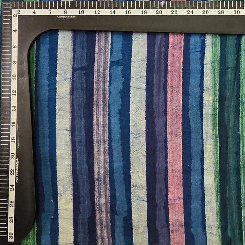 Pure Cotton Dabu Multi Blocks Stripes  With  Shades Of Blue, Green,White,Puple  And Pink Hand Block Print Fabric