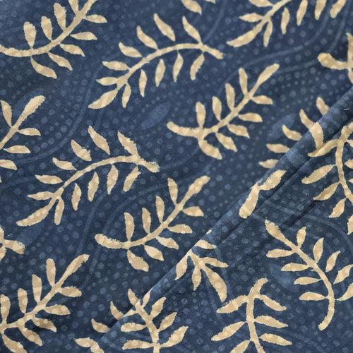 Pure Cotton Bagru With Blue And White Leaves Hand Block Print Fabric