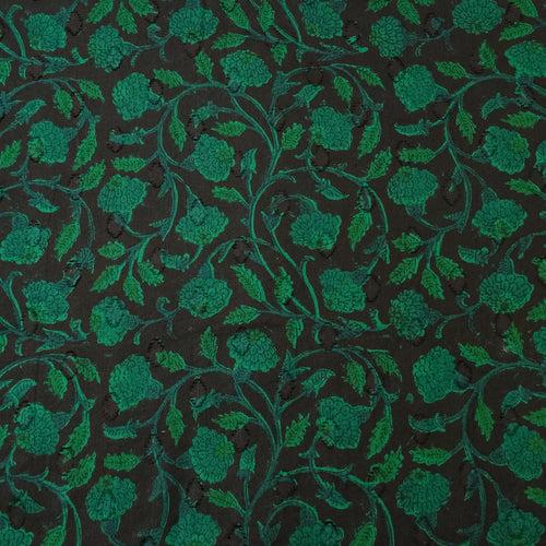 Pure Cotton Doby Dabu Black With Dark Green With Flower Jaal Hand Block Print Fabric