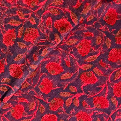 Pure Cotton Doby Dabu Black With Red Flower Jaal Hand Block Print Fabric