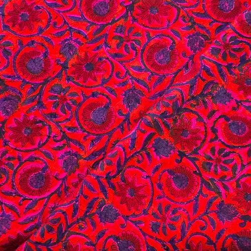 Pure Cotton Doby Dabu Pink With Red Flower  And Navy Blue Jaal Hand Block Print Fabric