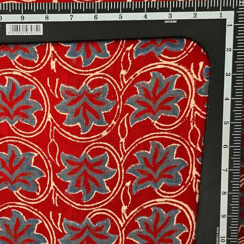 Pure Cotton Doby Dabu Red  With Blue Flower And  Cream Jaal Hand Block Print Fabric