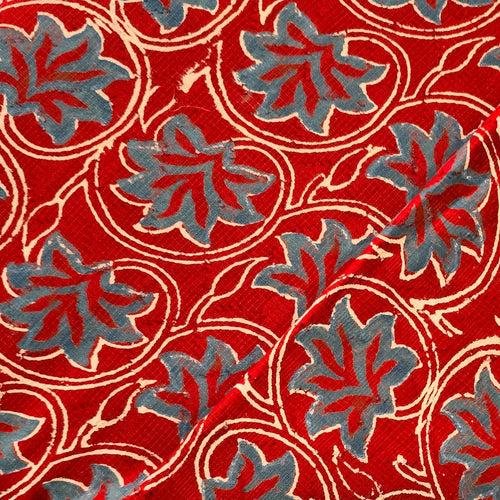 Pure Cotton Doby Dabu Red  With Blue Flower And  Cream Jaal Hand Block Print Fabric