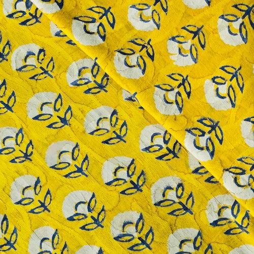 Pure Cotton Doby Dabu Yellow With White And Blue Cherry Blossoms  FlowersHand Block Print Fabric