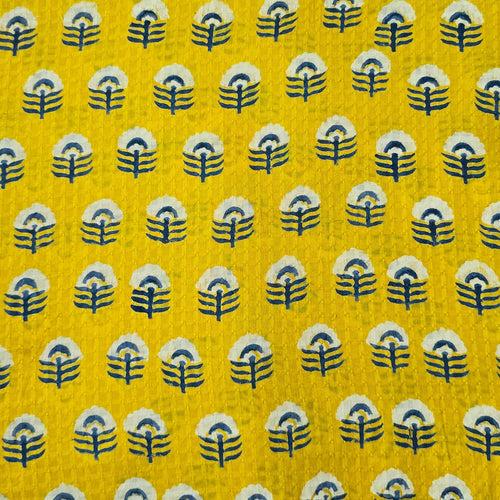 Pure Cotton Doby Dabu Yellow With White Flowers And Blue Leaves Hand Block Print Fabric