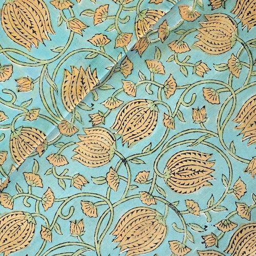 Pure Cotton Jaipuri Blue With Cream Lotus Jaal Hand Block Print Fabric
