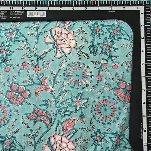 Pure Cotton Jaipuri Blue With Pink Flower Jaal Hand Block Print Fabric