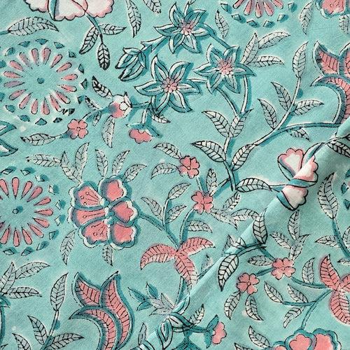 Pure Cotton Jaipuri Blue With Pink Flower Jaal Hand Block Print Fabric