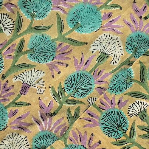 Pure Cotton Jaipuri Cream With Blue And Purple And Blue Flower Creeper Hand Block Print Fabric