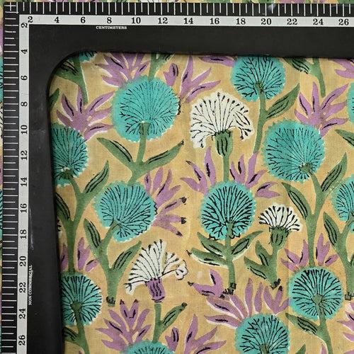 Pure Cotton Jaipuri Cream With Blue And Purple And Blue Flower Creeper Hand Block Print Fabric