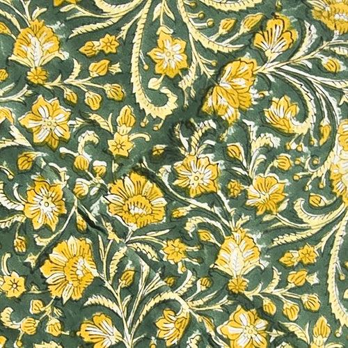 Pure Cotton Jaipuri Green With Mustard Floral Jaal  Hand Block Print Fabric