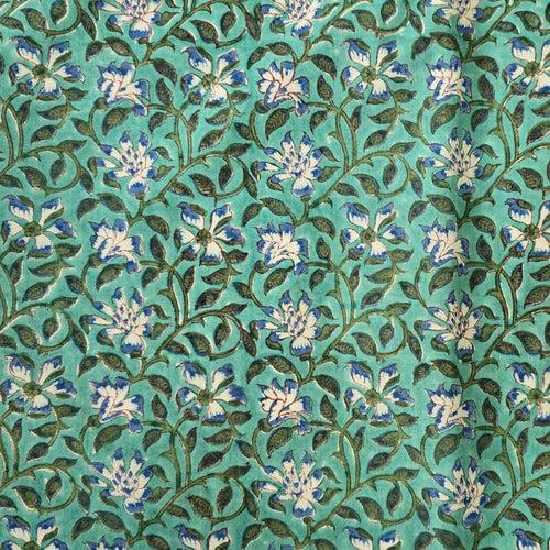 Pure Cotton Jaipuri Green With White Flower Jaal Hand Block Print Fabric