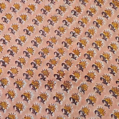 Pure Cotton Jaipuri Light Peach With Mustard Small Flower Creeper Hand Block Print Fabric