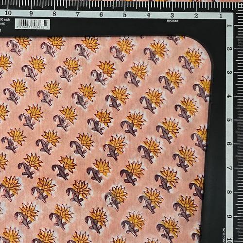 Pure Cotton Jaipuri Light Peach With Mustard Small Flower Creeper Hand Block Print Fabric