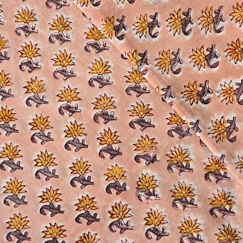 Pure Cotton Jaipuri Light Peach With Mustard Small Flower Creeper Hand Block Print Fabric