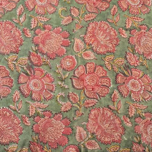 Pure Cotton Jaipuri Mint Green With Peach Rose Flower Jaal Hand Block Print Fabric