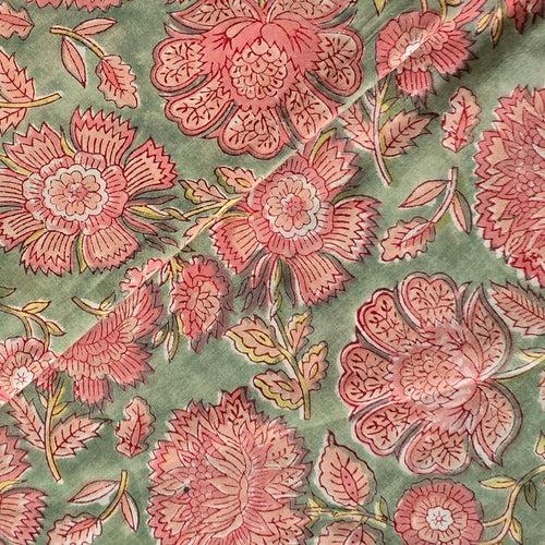 Pure Cotton Jaipuri Mint Green With Peach Rose Flower Jaal Hand Block Print Fabric