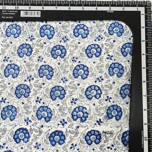 Pure Cotton Jaipuri White With Blue Flower Jaal Hand Block Print Fabric