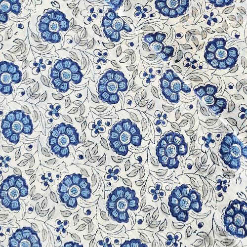 Pure Cotton Jaipuri White With Blue Flower Jaal Hand Block Print Fabric