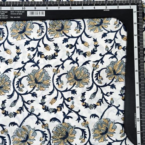 Pure Cotton Jaipuri White With Grey Flower Creeper Hand Block Print Fabric