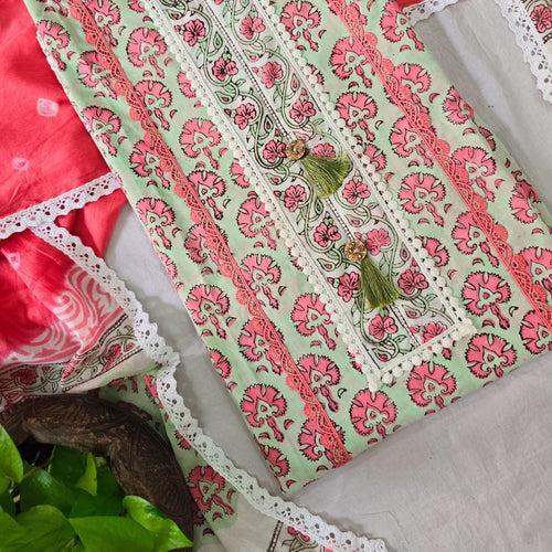 Ruhi-Pure Cotton Jaipuri Green With Peach Lace Yoke Top And Jaipuri Cotton Bottom And Cotton Dupatta