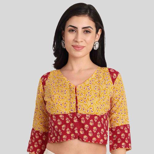 JISB  Cotton 3/4 Sleeve Crop Top Long Saree Blouse, Yellow