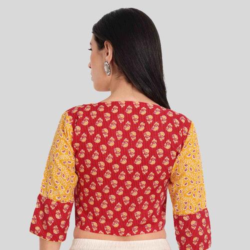 JISB  Cotton 3/4 Sleeve Crop Top Long Saree Blouse, Yellow