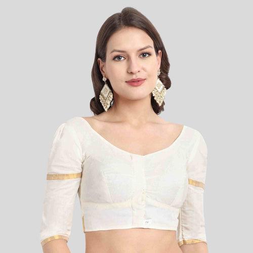 Cream Zari Border Puff Sleeve blouse