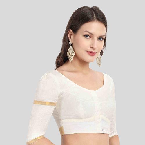 Cream Zari Border Puff Sleeve blouse