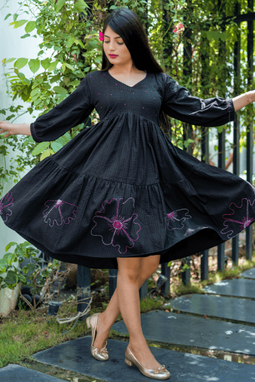 Bebaak Hand Embroidered & Handwoven  Black Tier Dress