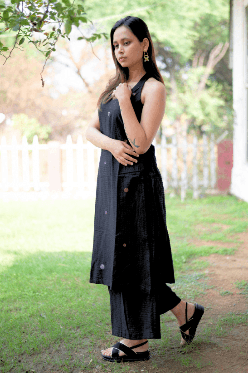 Bebaak Surmayee  Hand Embroidered & Handwoven Halter Black Kurta Set