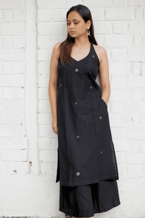 Bebaak Surmayee  Hand Embroidered & Handwoven Halter Black Kurta Set