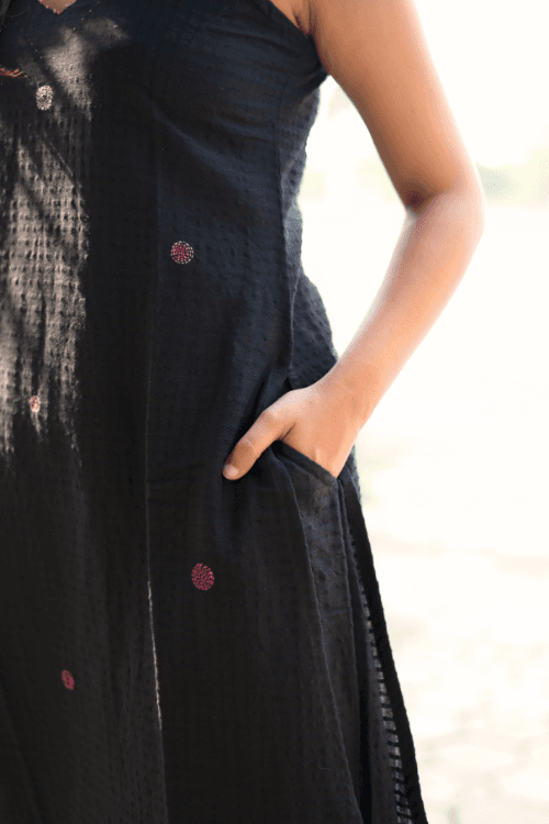 Bebaak Surmayee  Hand Embroidered & Handwoven Halter Black Kurta Set