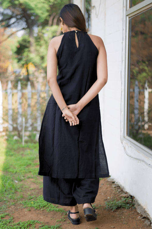 Bebaak Surmayee  Hand Embroidered & Handwoven Halter Black Kurta Set