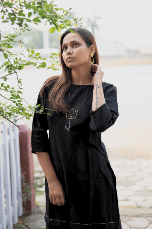 Bebaak Lotus Hand Embroidered & Handwoven Boat Neck Black Kurta Set