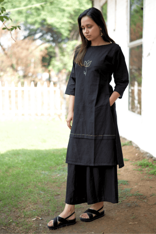 Bebaak Lotus Hand Embroidered & Handwoven Boat Neck Black Kurta Set