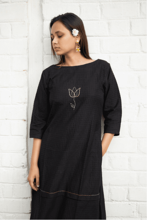 Bebaak Lotus Hand Embroidered & Handwoven Boat Neck Black Kurta Set