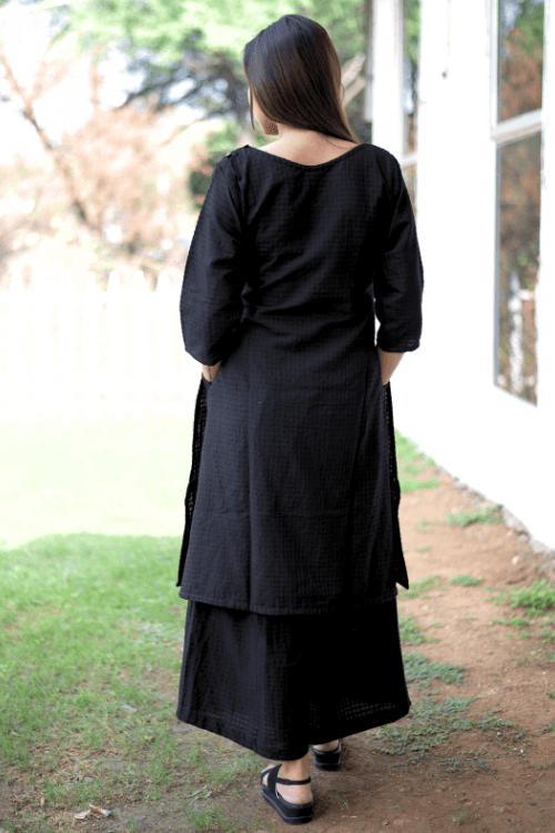 Bebaak Lotus Hand Embroidered & Handwoven Boat Neck Black Kurta Set