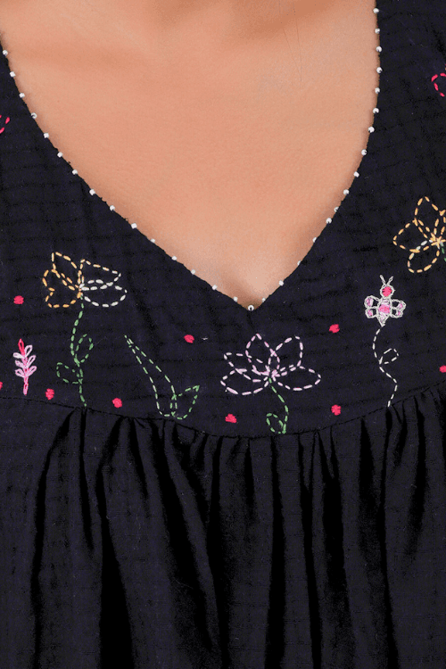 Bebaak Lily Sleeveless Gather Hand Embroidered & Handwoven Black Dress