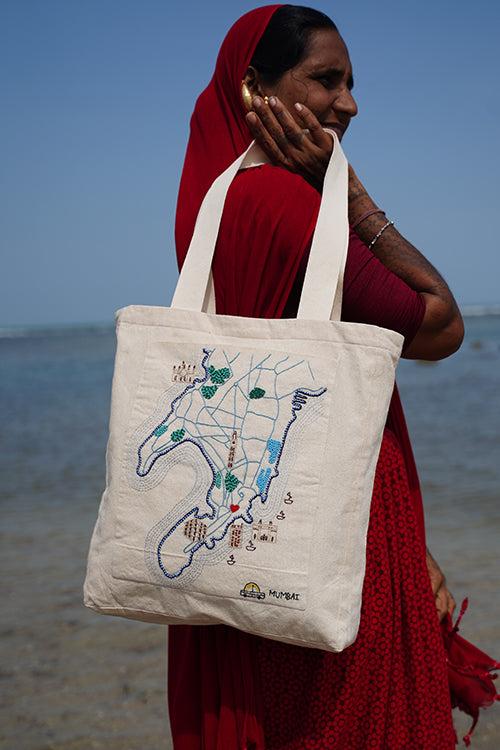 Okhai "Dream City" Hand-Embroidered Pure Cotton Tote Bag