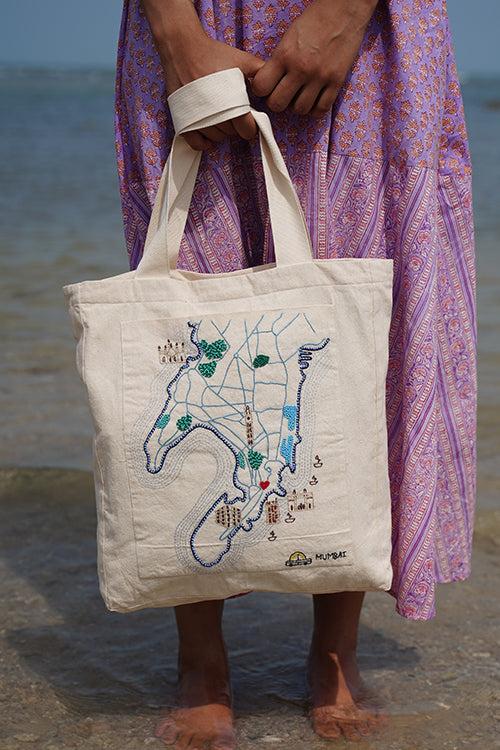 Okhai "Dream City" Hand-Embroidered Pure Cotton Tote Bag