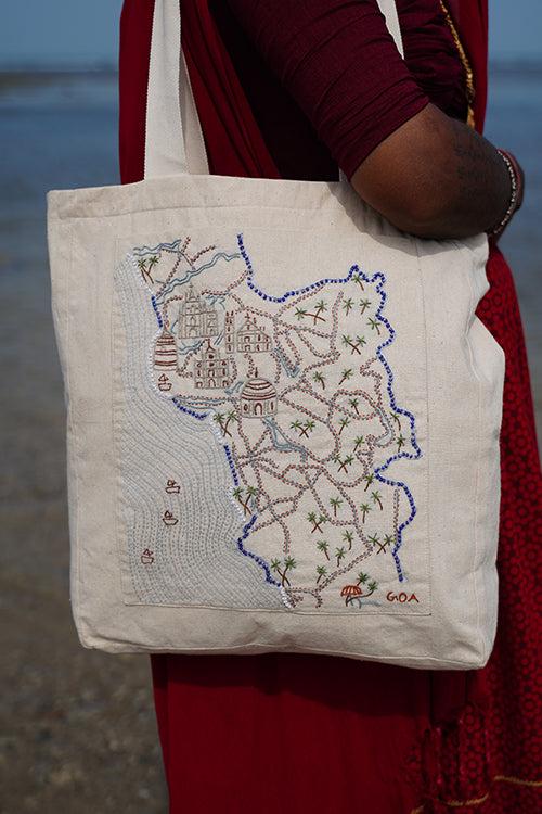 Okhai "The Serenity Coast" Hand-Embroidered Pure Cotton Tote Bag