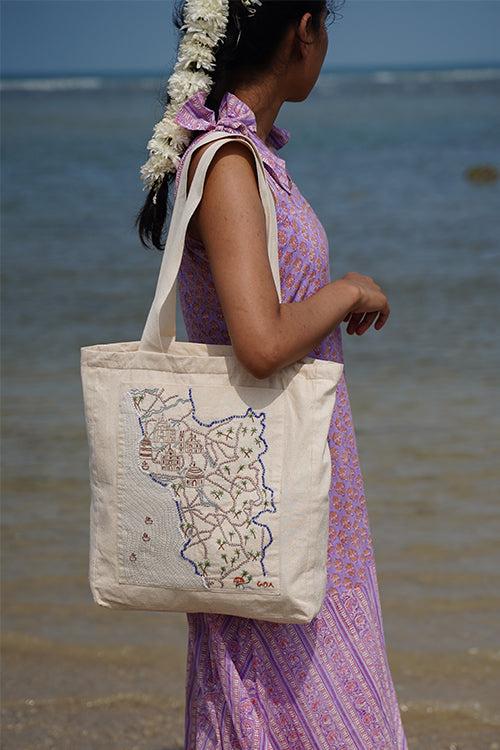 Okhai "The Serenity Coast" Hand-Embroidered Pure Cotton Tote Bag