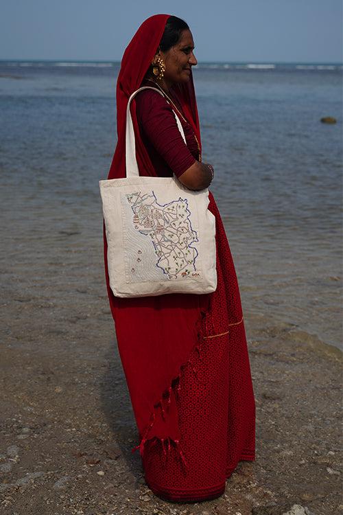 Okhai "The Serenity Coast" Hand-Embroidered Pure Cotton Tote Bag