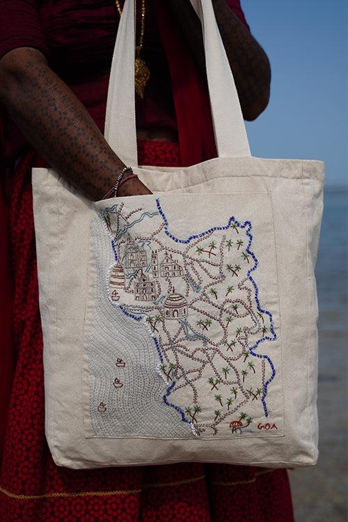 Okhai "The Serenity Coast" Hand-Embroidered Pure Cotton Tote Bag